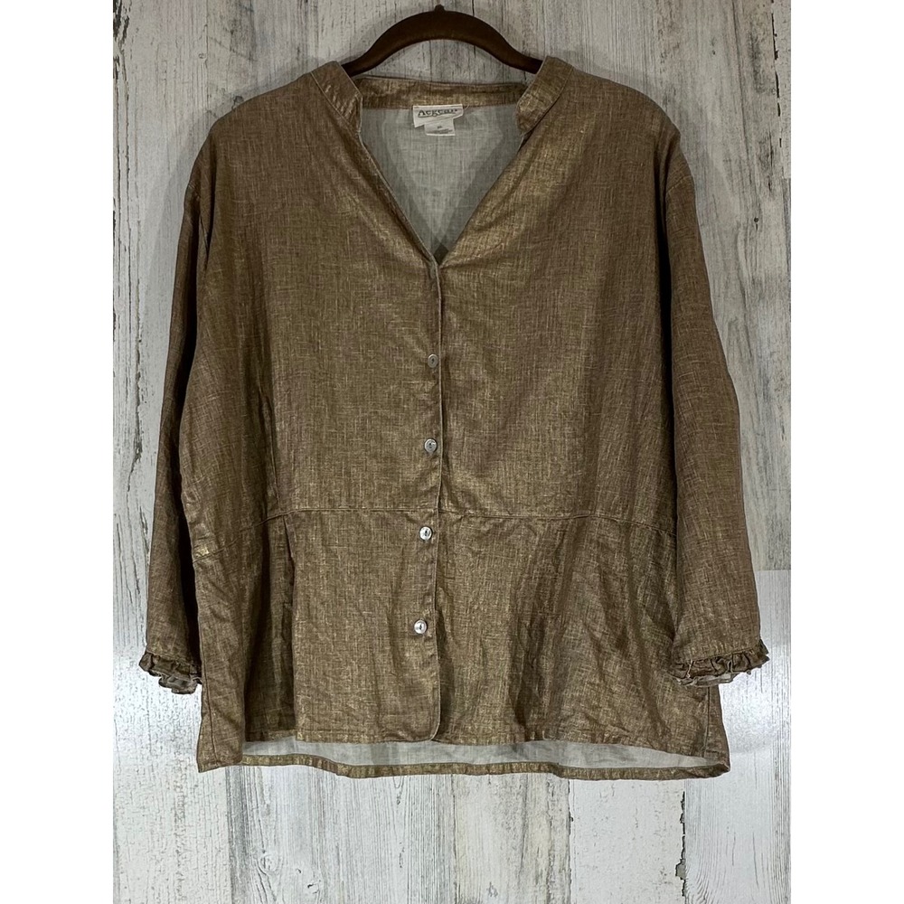 Aegean Button Front Blouse Top Size XL Linen‎ Gold Metallic Ruffle Cuff Peplum